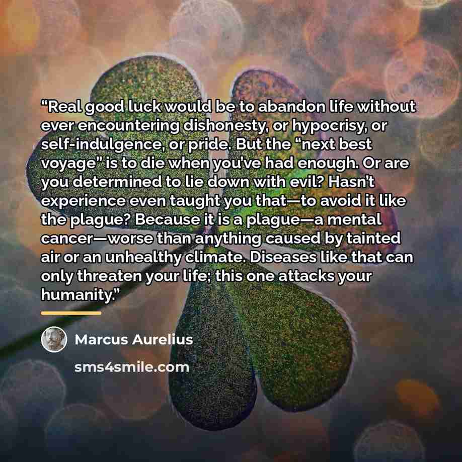 “Real good luck would be to abandon life without ever encountering dishonesty, or hypocrisy, or self-indulgence, or pride. But the “next best voyage” is to die when you’ve had enough. Or are you determined to lie down with evil? Hasn’t experience even taught you that—to avoid it like the plague?…” quote by Marcus Aurelius