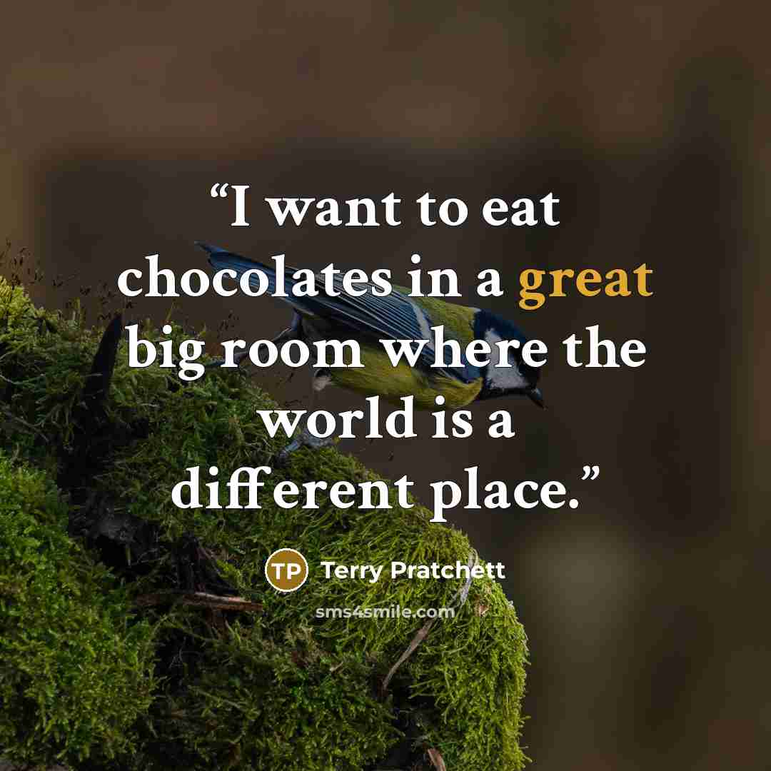 “I want to eat chocolates in a great big room where the world is a different place.” quote by Terry Pratchett