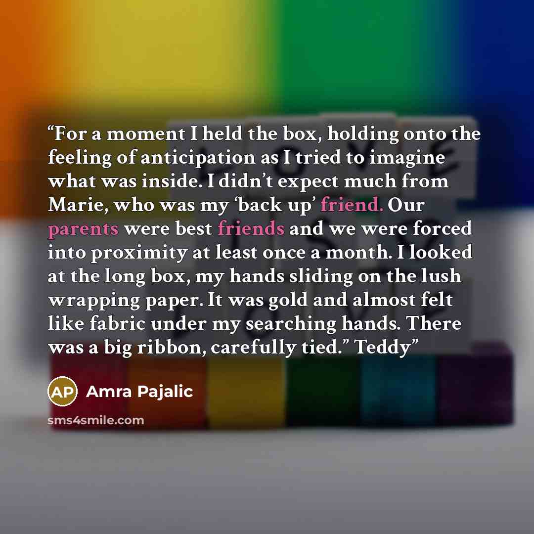 “For a moment I held the box, holding onto the feeling of anticipation as I tried to imagine what was inside. I didn’t expect much from Marie, who was my ‘back up’ friend. Our parents were best friends and we were forced into proximity at least once a month. I looked at the long box, my hands…” quote by Amra Pajalic