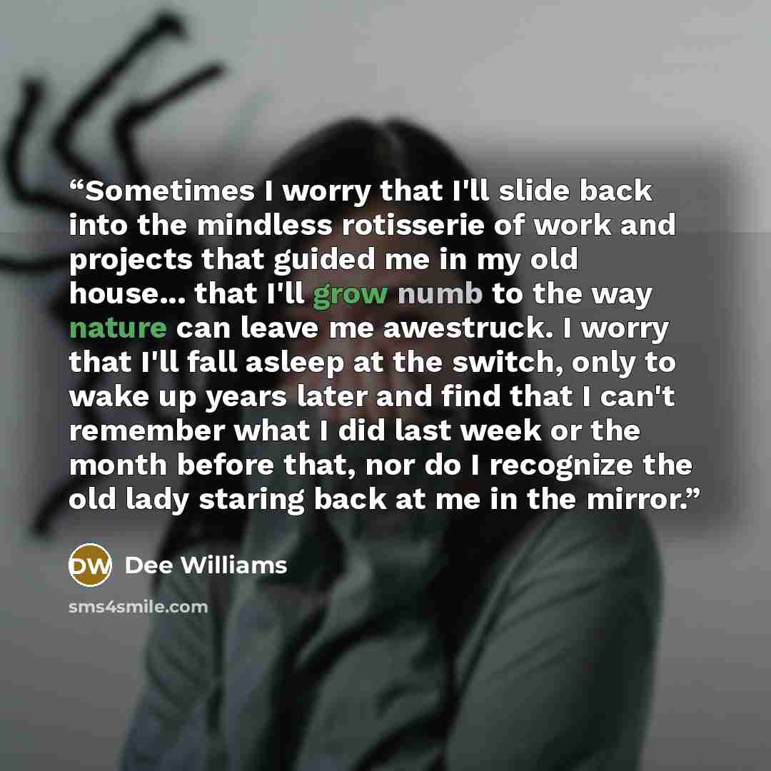 “Sometimes I worry that I'll slide back into the mindless rotisserie of work and projects that guided me in my old house... that I'll grow numb to the way nature can leave me awestruck. I worry that I'll fall asleep at the switch, only to wake up years later and find that I can't remember what I…” quote by Dee Williams