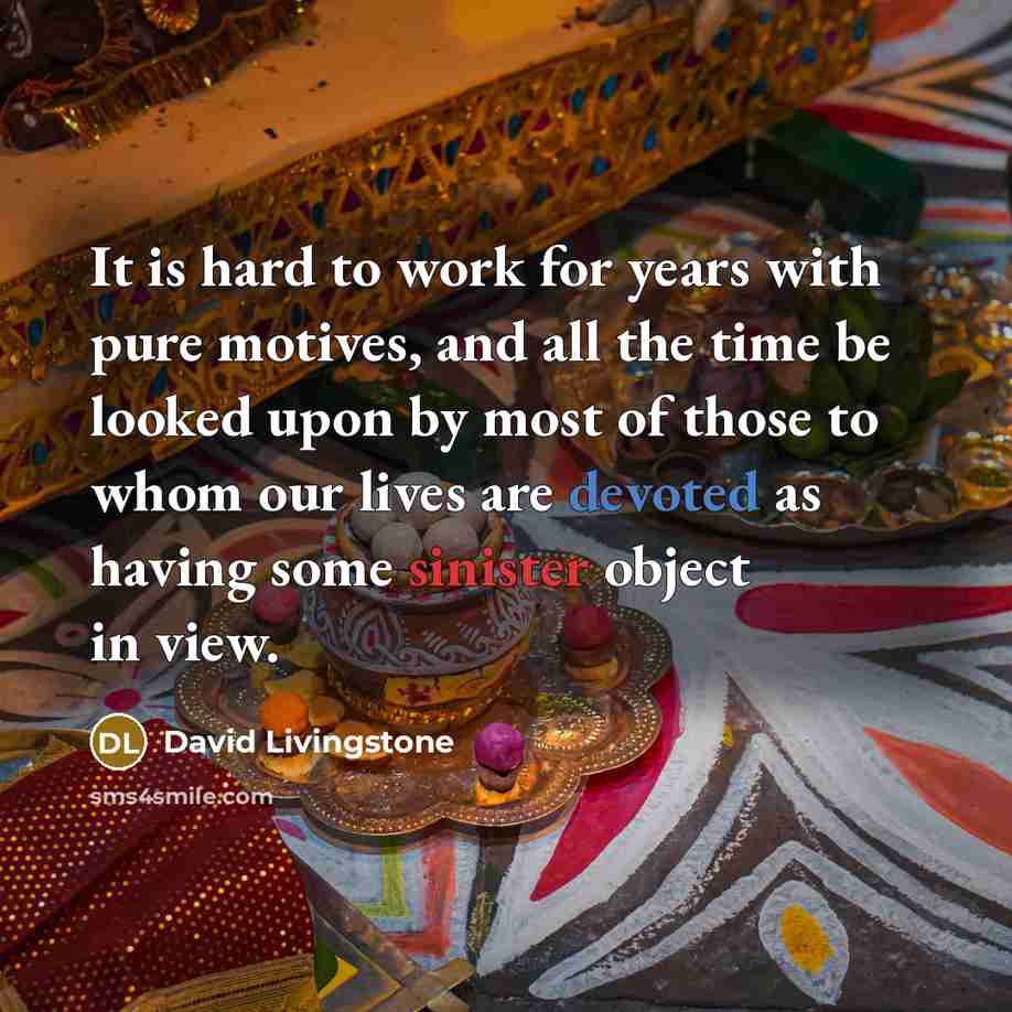 “It is hard to work for years with pure motives, and all the time be looked upon by most of those to whom our lives are devoted as having some sinister object in view.” quote by David Livingstone