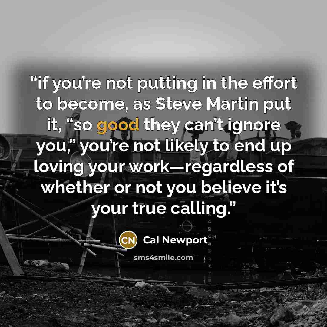 “if you’re not putting in the effort to become, as Steve Martin put it, “so good they can’t ignore you,” you’re not likely to end up loving your work—regardless of whether or not you believe it’s your true calling.” quote by Cal Newport