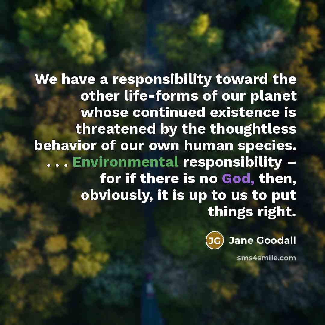 “We have a responsibility toward the other life-forms of our planet whose continued existence is threatened by the thoughtless behavior of our own human species. . . . Environmental responsibility – for if there is no God, then, obviously, it is up to us to put things right.” quote by Jane Goodall