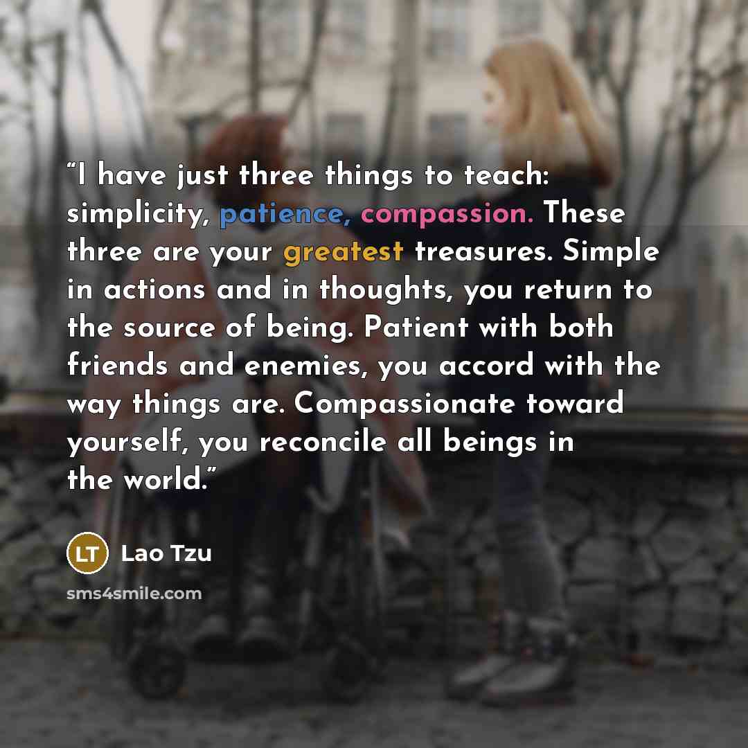 “I have just three things to teach: simplicity, patience, compassion. These three are your greatest treasures. Simple in actions and in thoughts, you return to the source of being. Patient with both friends and enemies, you accord with the way things are. Compassionate toward yourself, you…” quote by Lao Tzu