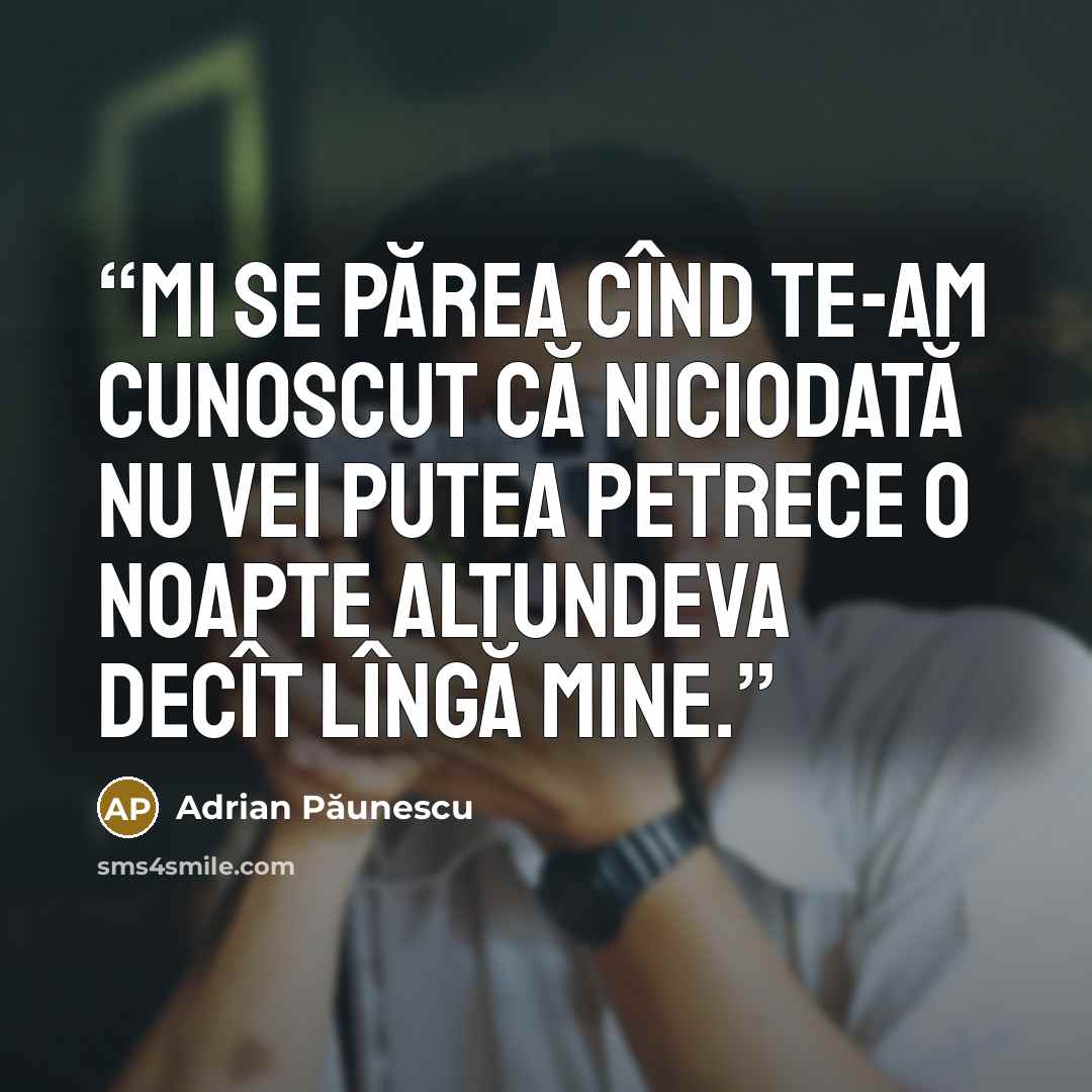 “Mi se părea cînd te-am cunoscut Că niciodată nu vei putea petrece o noapte Altundeva decît lîngă mine.” quote by Adrian Păunescu