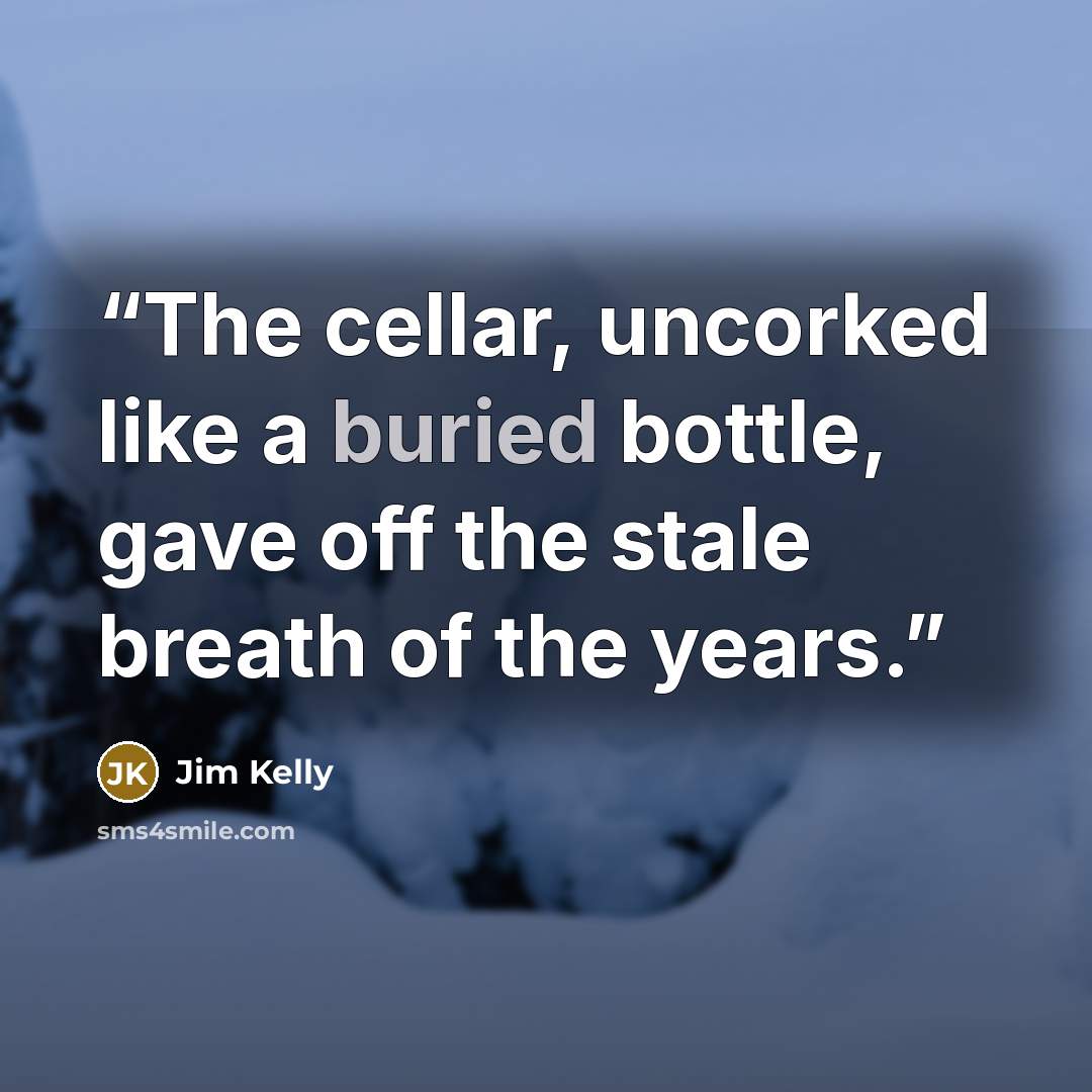 “The cellar, uncorked like a buried bottle, gave off the stale breath of the years.” quote by Jim Kelly
