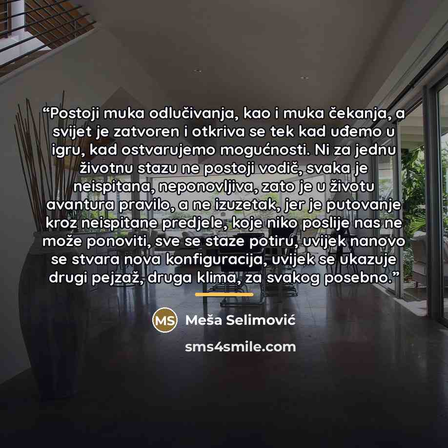 “Postoji muka odlučivanja, kao i muka čekanja, a svijet je zatvoren i otkriva se tek kad uđemo u igru, kad ostvarujemo mogućnosti. Ni za jednu životnu stazu ne postoji vodič, svaka je neispitana, neponovljiva, zato je u životu avantura pravilo, a ne izuzetak, jer je putovanje kroz neispitane…” quote by Meša Selimović