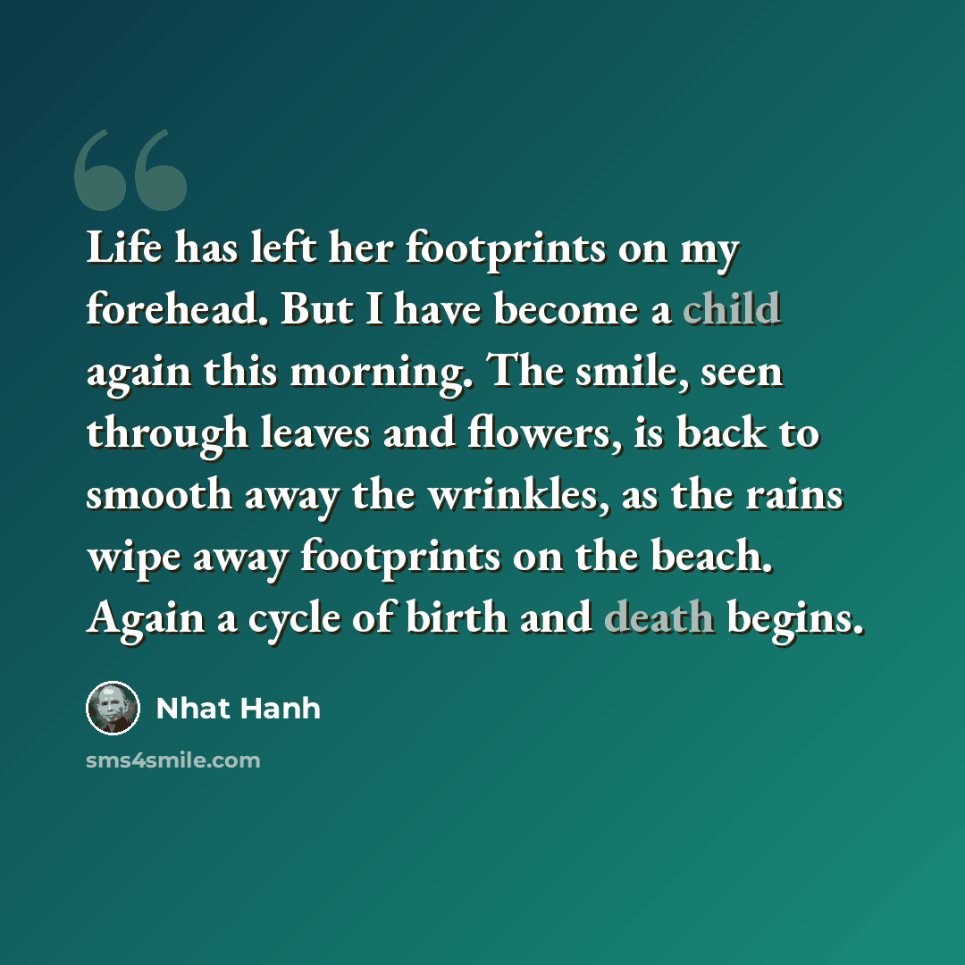 “Life has left her footprints on my forehead. But I have become a child again this morning. The smile, seen through leaves and flowers, is back to smooth away the wrinkles, as the rains wipe away footprints on the beach. Again a cycle of birth and death begins.” quote by Nhat Hanh
