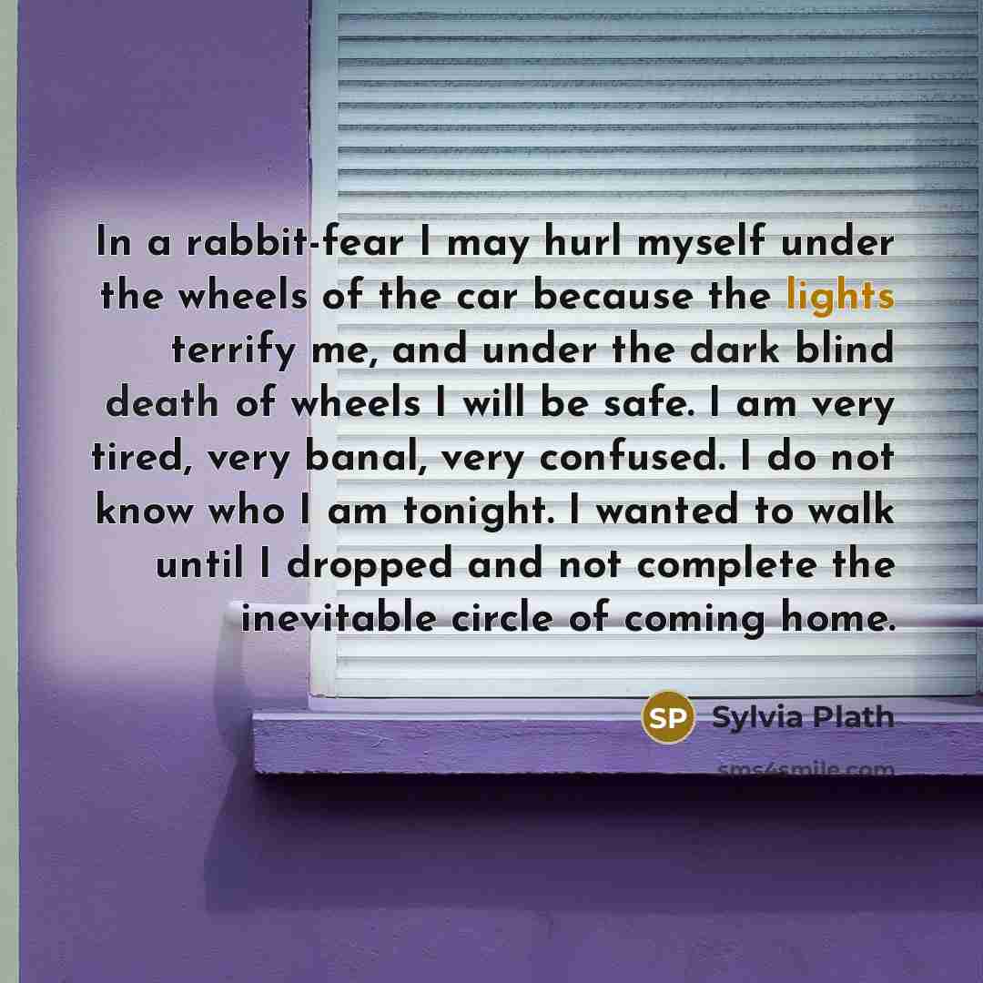 “In a rabbit-fear I may hurl myself under the wheels of the car because the lights terrify me, and under the dark blind death of wheels I will be safe. I am very tired, very banal, very confused. I do not know who I am tonight. I wanted to walk until I dropped and not complete the inevitable circle…” quote by Sylvia Plath