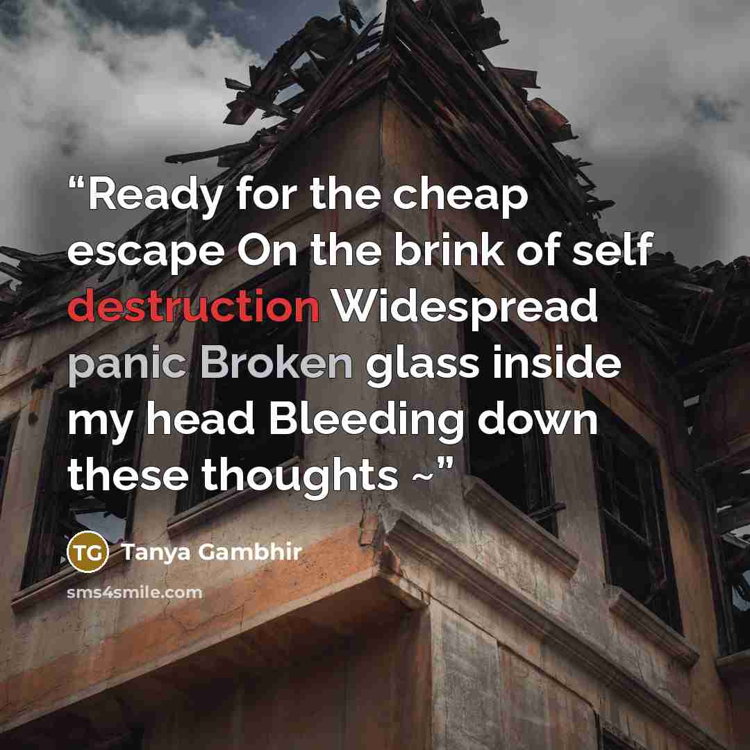 “Ready for the cheap escape On the brink of self destruction Widespread panic Broken glass inside my head Bleeding down these thoughts ~” quote by Tanya Gambhir