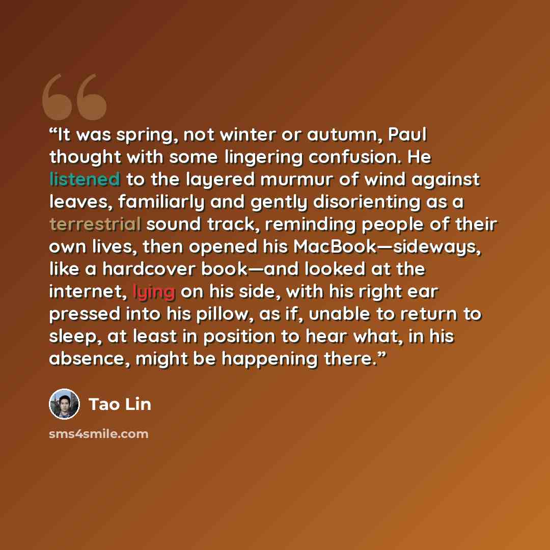 “It was spring, not winter or autumn, Paul thought with some lingering confusion. He listened to the layered murmur of wind against leaves, familiarly and gently disorienting as a terrestrial sound track, reminding people of their own lives, then opened his MacBook—sideways, like a hardcover…” quote by Tao Lin