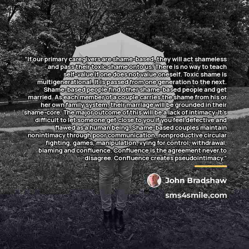 “If our primary caregivers are shame-based, they will act shameless and pass their toxic shame onto us. There is no way to teach self-value if one does not value oneself. Toxic shame is multigenerational. It is passed from one generation to the next. Shame-based people find other shame-based people…” quote by John Bradshaw