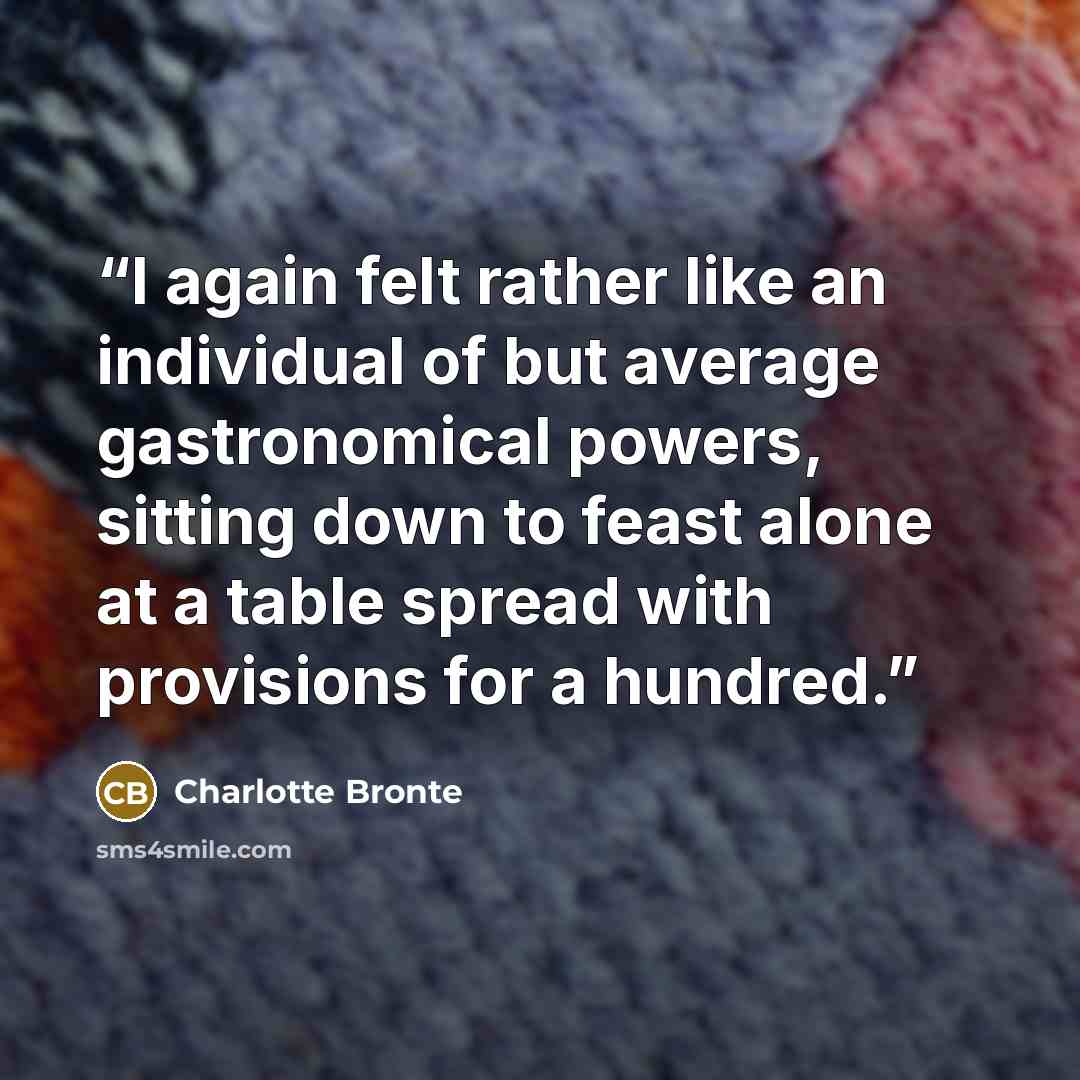 “I again felt rather like an individual of but average gastronomical powers, sitting down to feast alone at a table spread with provisions for a hundred.” quote by Charlotte Brontë