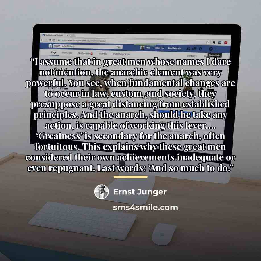 “I assume that in great men whose names I dare not mention, the anarchic element was very powerful. You see, when fundamental changes are to occur in law, custom, and society, they presuppose a great distancing from established principles. And the anarch, should he take any action, is capable of…” quote by Ernst Jünger