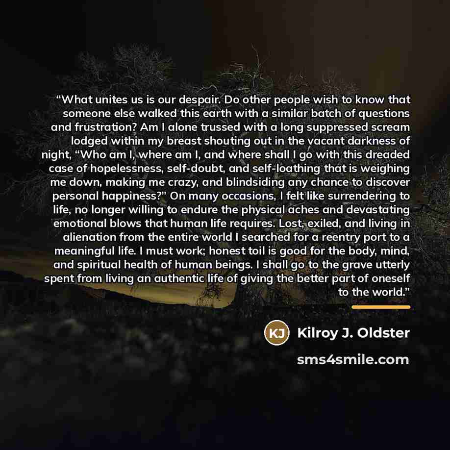 “What unites us is our despair. Do other people wish to know that someone else walked this earth with a similar batch of questions and frustration? Am I alone trussed with a long suppressed scream lodged within my breast shouting out in the vacant darkness of night, “Who am I, where am I, and where…” quote by Kilroy J. Oldster