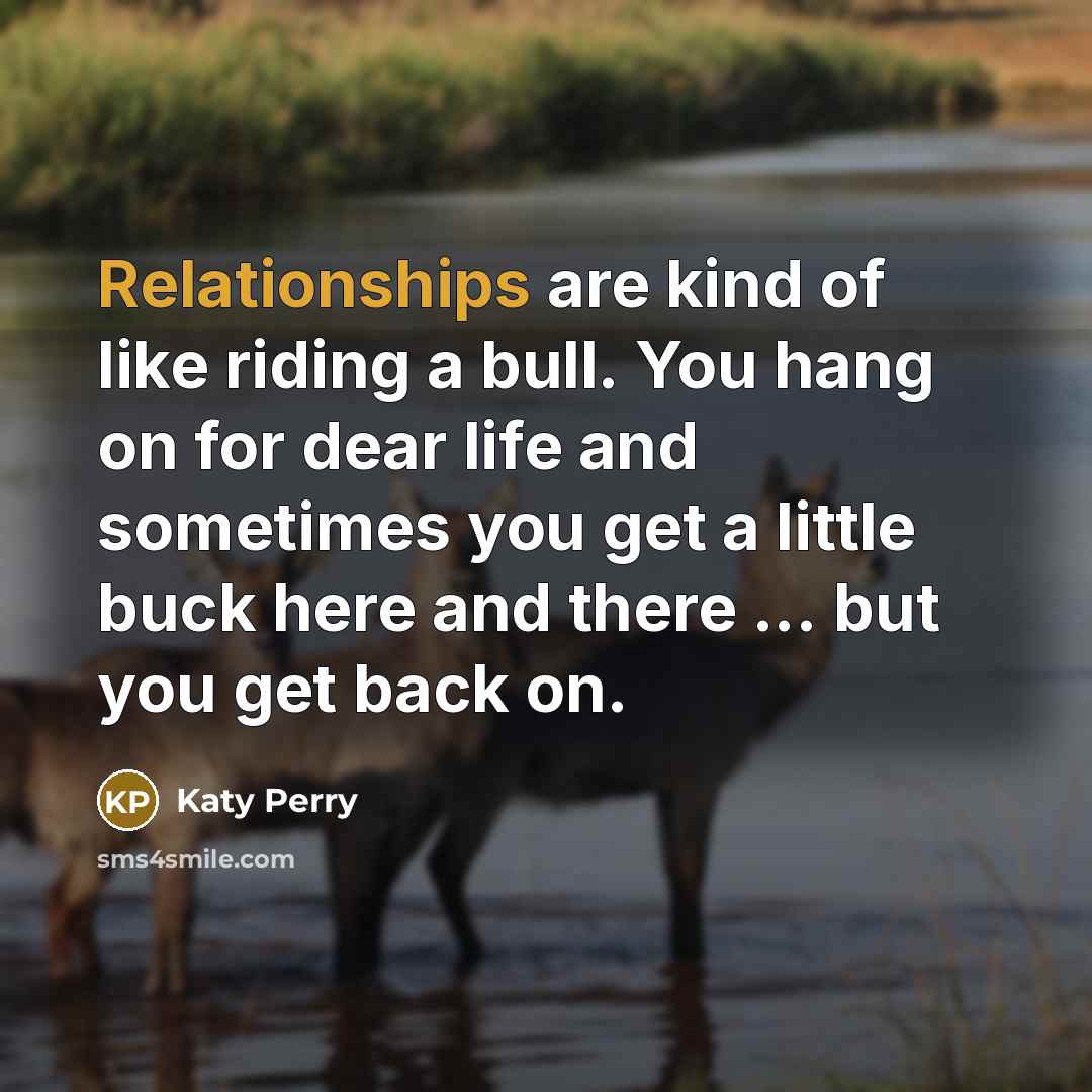 “Relationships are kind of like riding a bull. You hang on for dear life and sometimes you get a little buck here and there ... but you get back on.” quote by Katy Perry