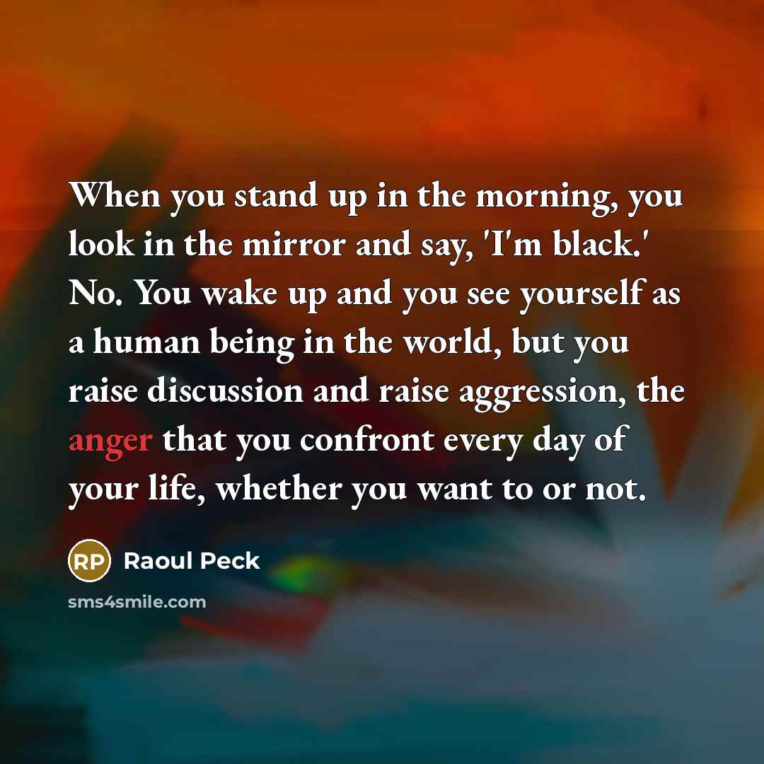 “When you stand up in the morning, you look in the mirror and say, 'I'm black.' No. You wake up and you see yourself as a human being in the world, but you raise discussion and raise aggression, the anger that you confront every day of your life, whether you want to or not.” quote by Raoul Peck