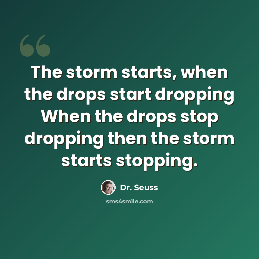 “The storm starts, when the drops start dropping When the drops stop dropping then the storm starts stopping.” quote by Dr. Seuss