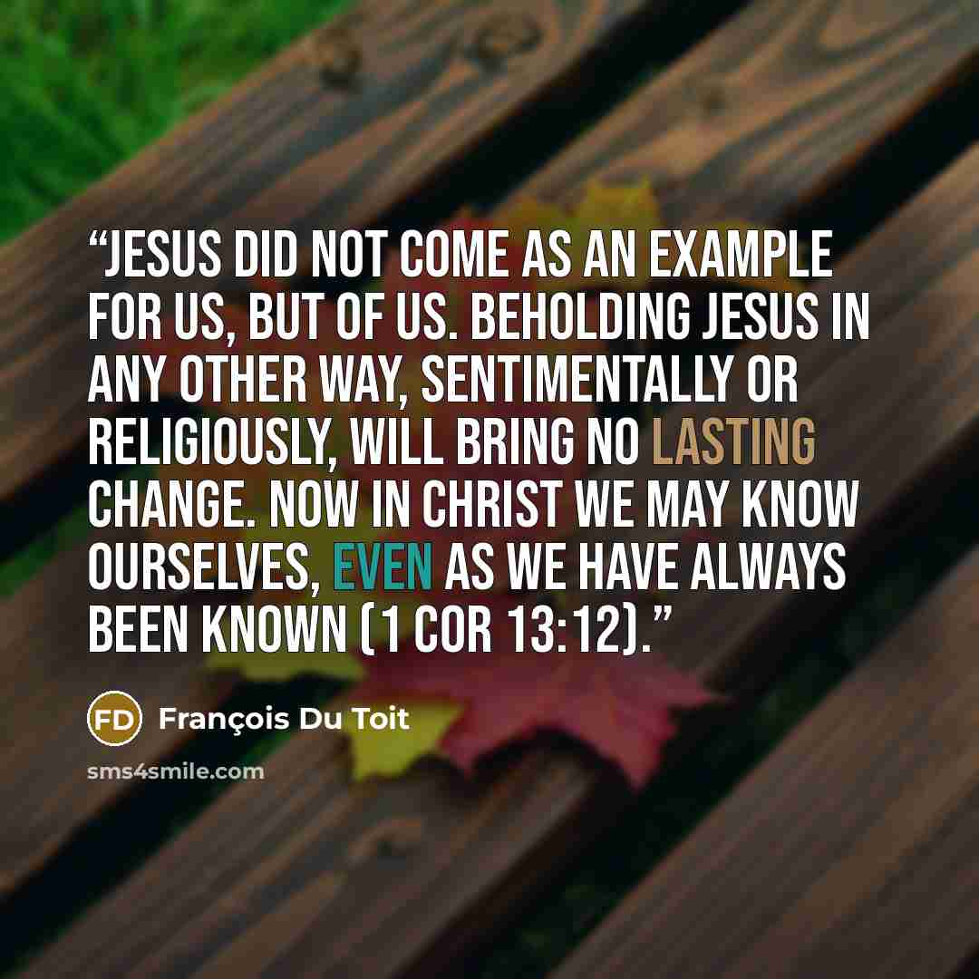 “Jesus did not come as an example for us, but of us. Beholding Jesus in any other way, sentimentally or religiously, will bring no lasting change. Now in Christ we may know ourselves, even as we have always been known (1 Cor 13:12).” quote by François Du Toit