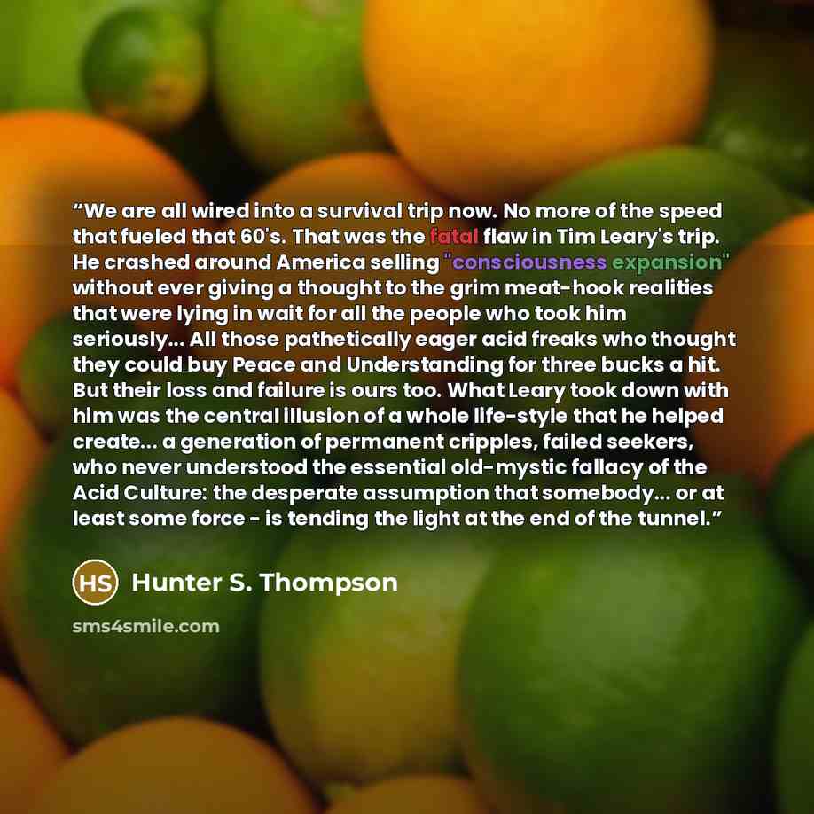 “We are all wired into a survival trip now. No more of the speed that fueled that 60's. That was the fatal flaw in Tim Leary's trip. He crashed around America selling "consciousness expansion" without ever giving a thought to the grim meat-hook realities that were lying in wait for all the people…” quote by Hunter S. Thompson