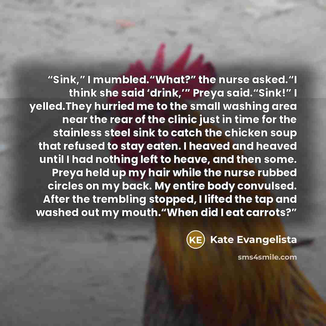 “Sink,” I mumbled.“What?” the nurse asked.“I think she said ‘drink,’” Preya said.“Sink!” I yelled.They hurried me to the small washing area near the rear of the clinic just in time for the stainless steel sink to catch the chicken soup that refused to stay eaten. I heaved and heaved until I had…” quote by Kate Evangelista