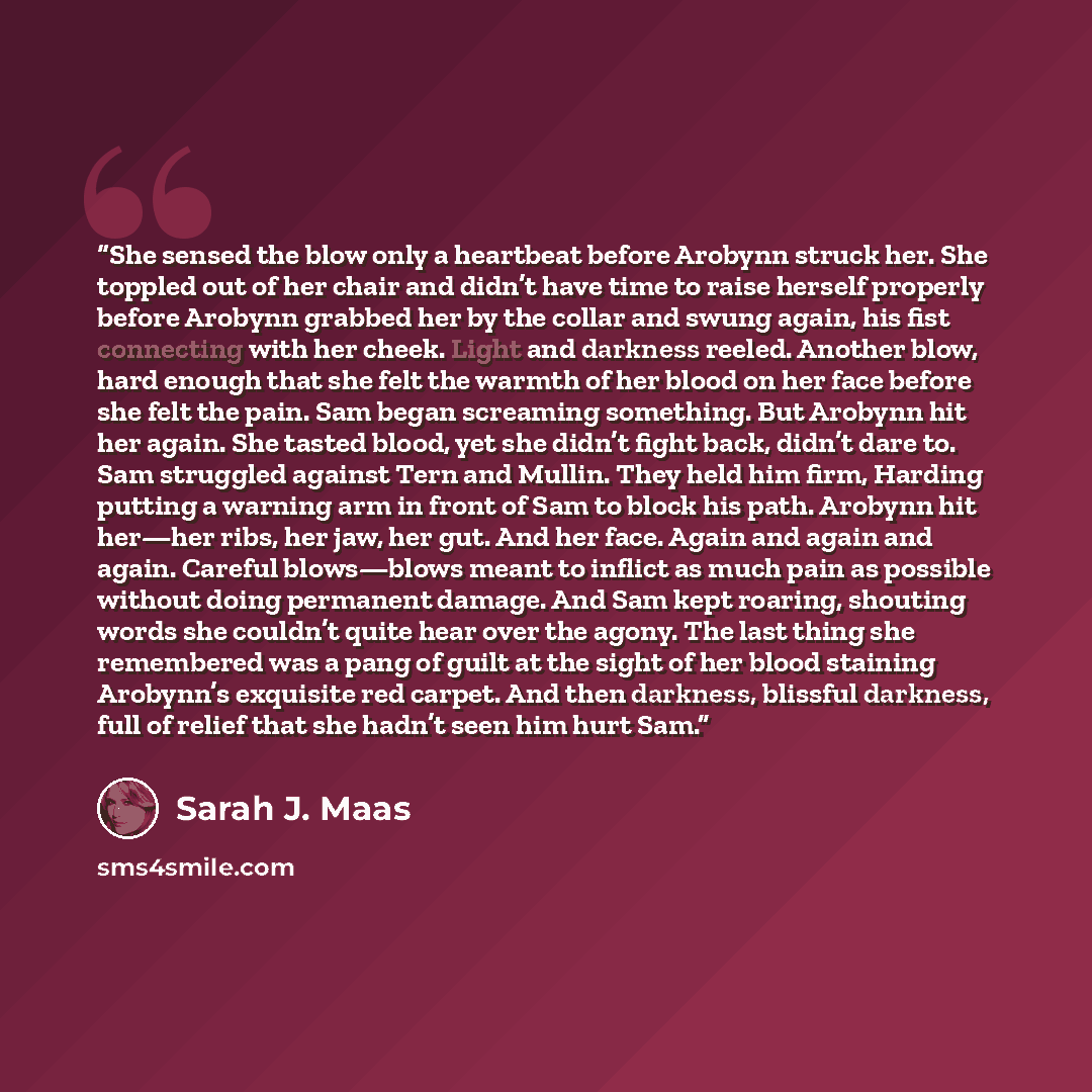 “She sensed the blow only a heartbeat before Arobynn struck her. She toppled out of her chair and didn’t have time to raise herself properly before Arobynn grabbed her by the collar and swung again, his fist connecting with her cheek. Light and darkness reeled. Another blow, hard enough that she…” quote by Sarah J. Maas