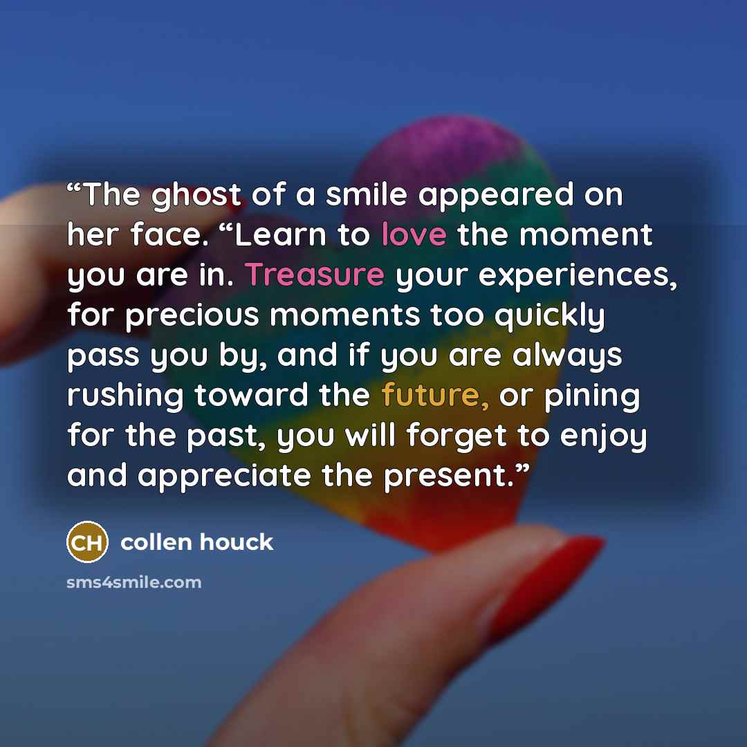 “The ghost of a smile appeared on her face. “Learn to love the moment you are in. Treasure your experiences, for precious moments too quickly pass you by, and if you are always rushing toward the future, or pining for the past, you will forget to enjoy and appreciate the present.” quote by collen houck