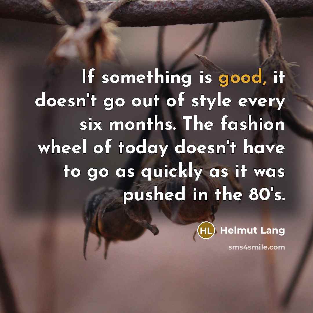 “If something is good, it doesn't go out of style every six months. The fashion wheel of today doesn't have to go as quickly as it was pushed in the 80's.” quote by Helmut Lang