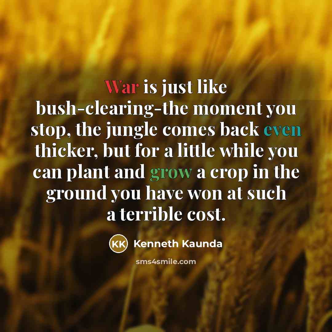 “War is just like bush-clearing-the moment you stop, the jungle comes back even thicker, but for a little while you can plant and grow a crop in the ground you have won at such a terrible cost.” quote by Kenneth Kaunda