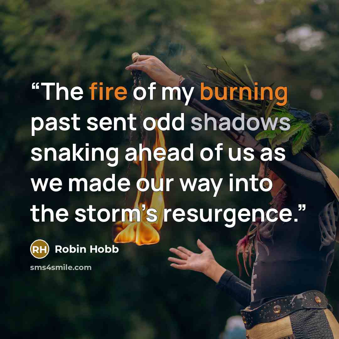 “The fire of my burning past sent odd shadows snaking ahead of us as we made our way into the storm’s resurgence.” quote by Robin Hobb