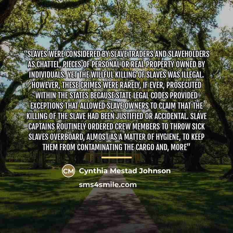“Slaves were considered by slave traders and slaveholders as chattel, pieces of personal or real property owned by individuals. Yet the willful killing of slaves was illegal. However, these crimes were rarely, if ever, prosecuted within the states because state legal codes provided exceptions that…” quote by Cynthia Mestad Johnson