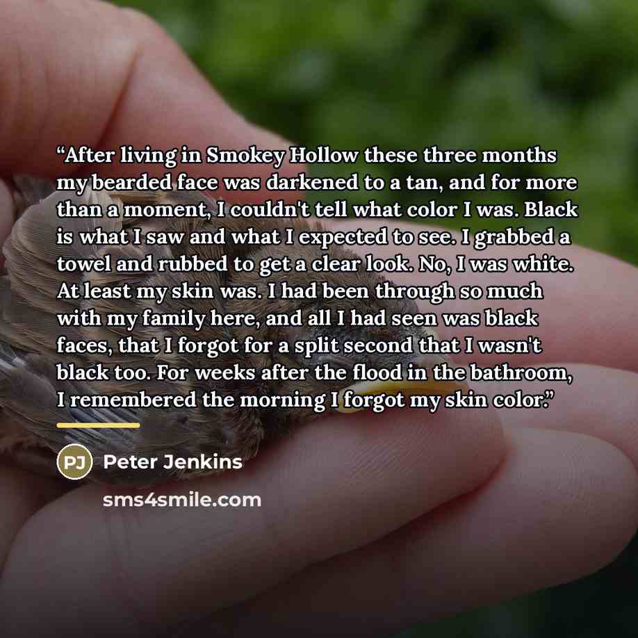 “After living in Smokey Hollow these three months my bearded face was darkened to a tan, and for more than a moment, I couldn't tell what color I was. Black is what I saw and what I expected to see. I grabbed a towel and rubbed to get a clear look. No, I was white. At least my skin was. I had been…” quote by Peter Jenkins