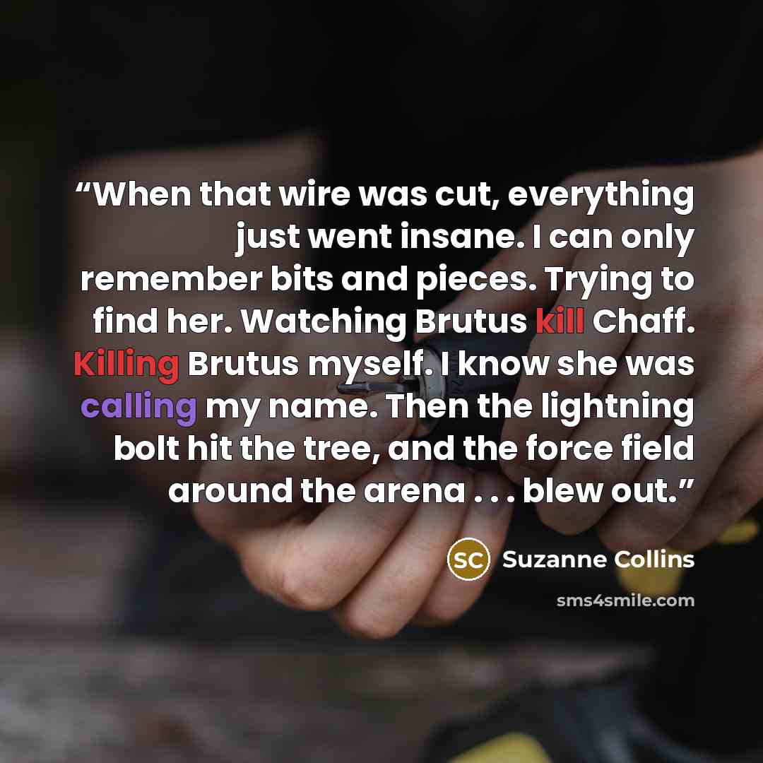 “When that wire was cut, everything just went insane. I can only remember bits and pieces. Trying to find her. Watching Brutus kill Chaff. Killing Brutus myself. I know she was calling my name. Then the lightning bolt hit the tree, and the force field around the arena . . . blew out.” quote by Suzanne Collins