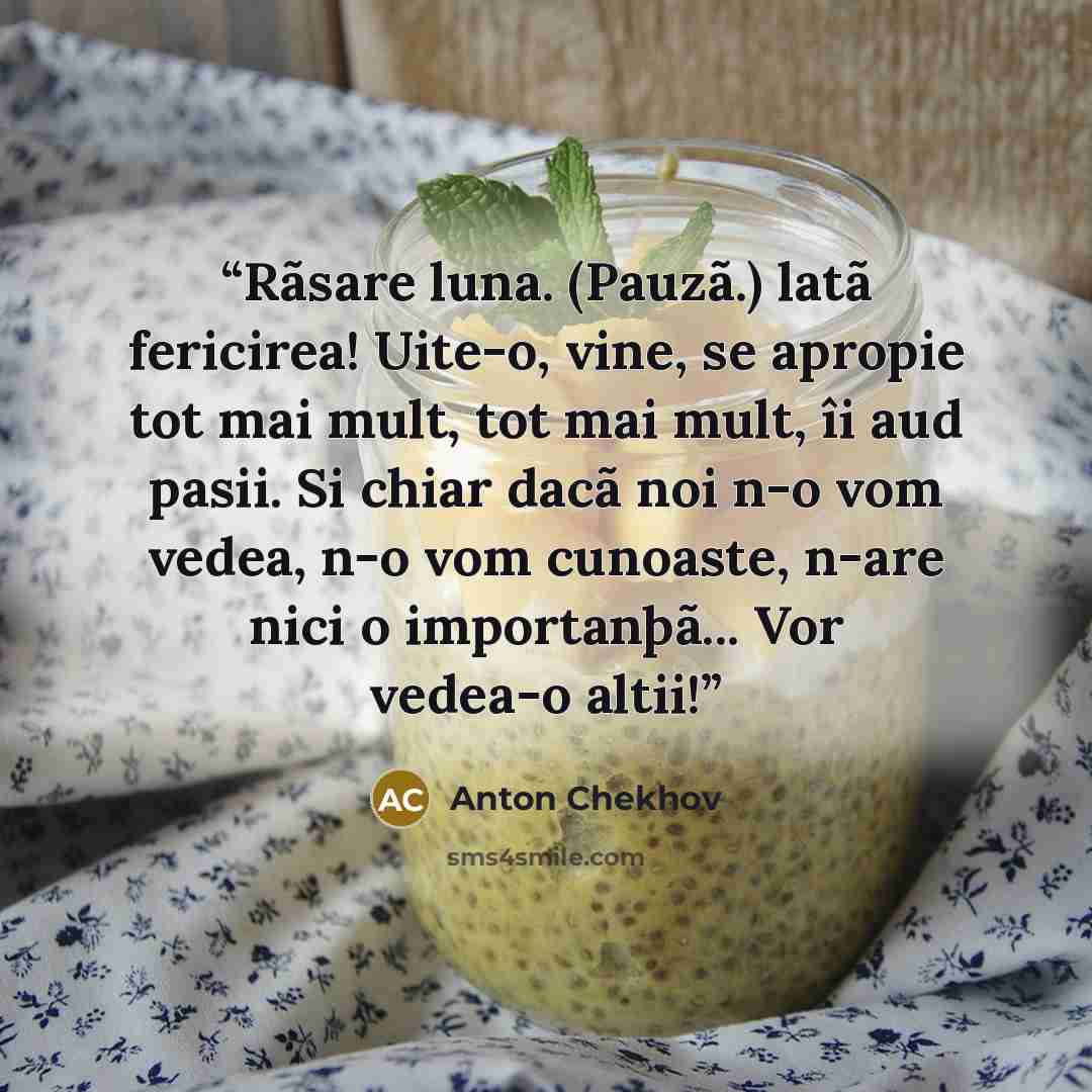 “Rãsare luna. (Pauzã.) latã fericirea! Uite-o, vine, se apropie tot mai mult, tot mai mult, îi aud pasii. Si chiar dacã noi n-o vom vedea, n-o vom cunoaste, n-are nici o importanþã... Vor vedea-o altii!” quote by Anton Chekhov
