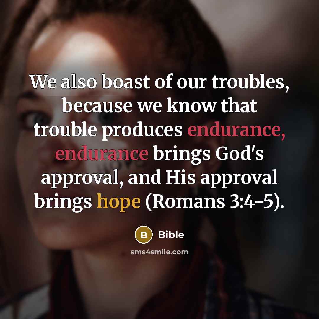 “We also boast of our troubles, because we know that trouble produces endurance, endurance brings God's approval, and His approval brings hope (Romans 3:4-5).” quote by Bible