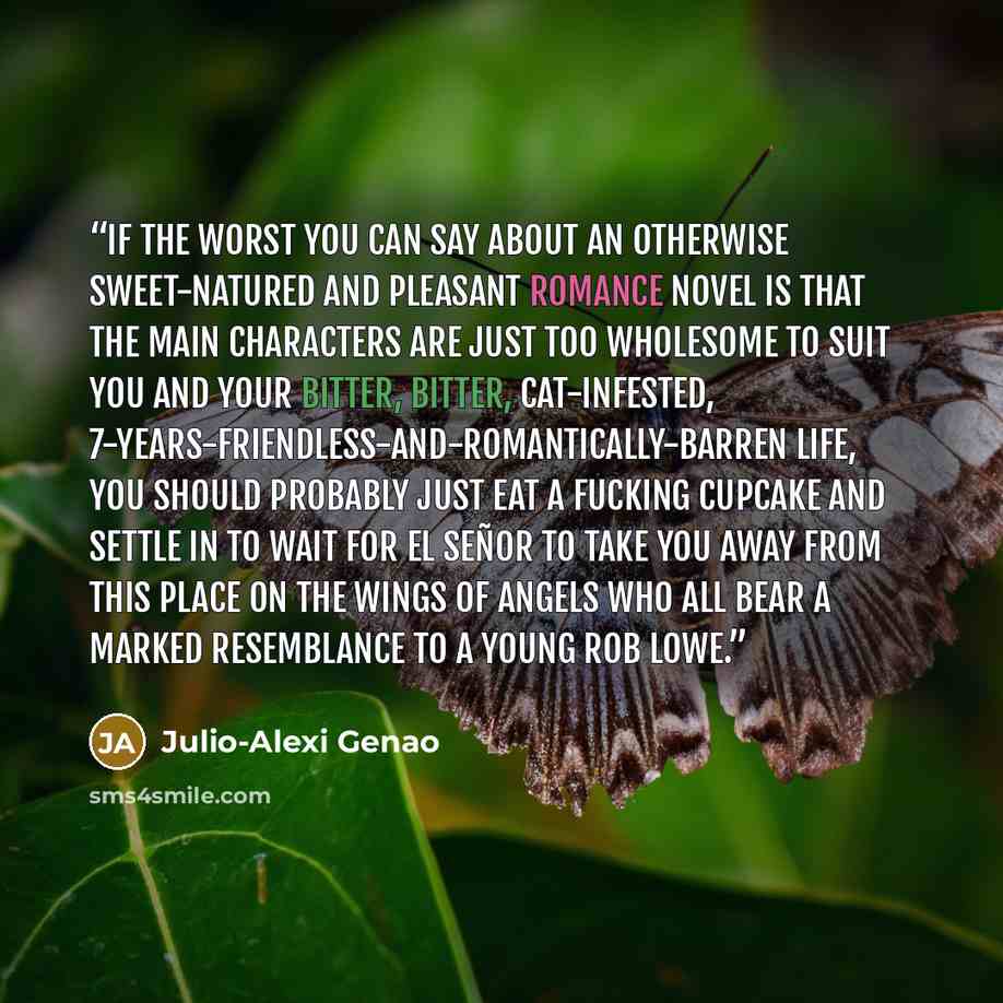 “If the worst you can say about an otherwise sweet-natured and pleasant romance novel is that the main characters are just too wholesome to suit you and your bitter, bitter, cat-infested, 7-years-friendless-and-romantically-barren life, you should probably just eat a fucking cupcake and settle in…” quote by Julio-Alexi Genao