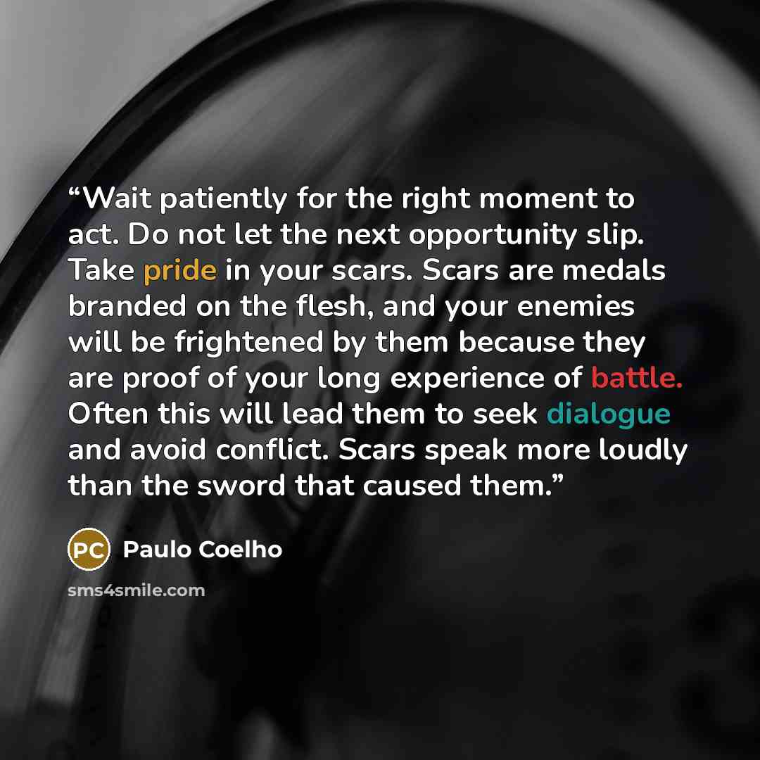 “Wait patiently for the right moment to act. Do not let the next opportunity slip. Take pride in your scars. Scars are medals branded on the flesh, and your enemies will be frightened by them because they are proof of your long experience of battle. Often this will lead them to seek dialogue and…” quote by Paulo Coelho