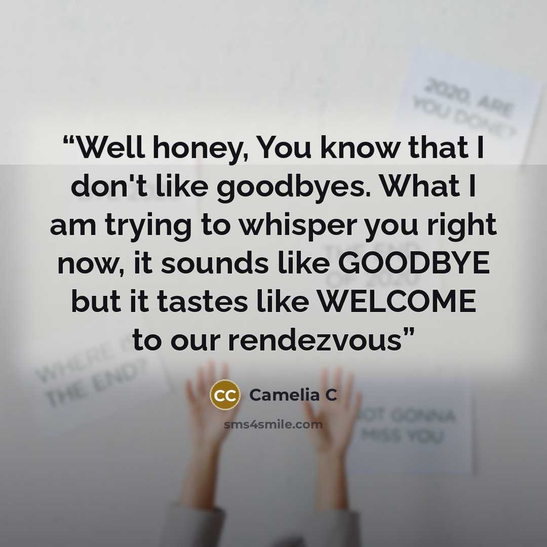 “Well honey, You know that I don't like goodbyes. What I am trying to whisper you right now, it sounds like GOODBYE but it tastes like WELCOME to our rendezvous” quote by Camelia C