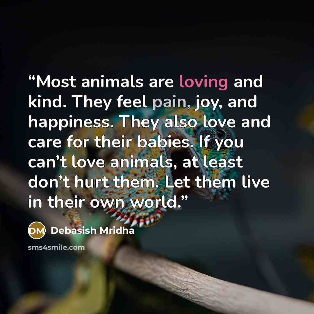 “Most animals are loving and kind. They feel pain, joy, and happiness. They also love and care for their babies. If you can’t love animals, at least don’t hurt them. Let them live in their own world.” quote by Debasish Mridha