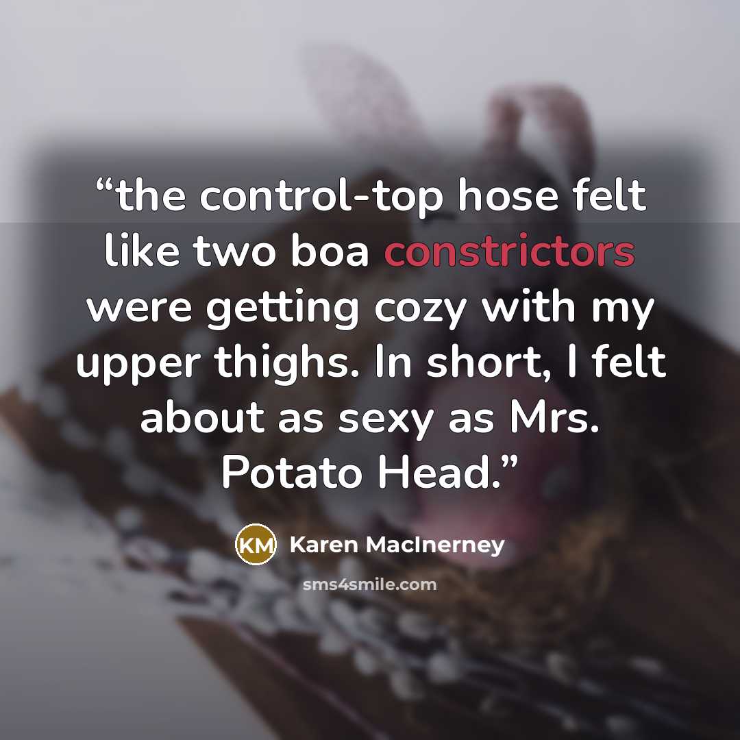 “the control-top hose felt like two boa constrictors were getting cozy with my upper thighs. In short, I felt about as sexy as Mrs. Potato Head.” quote by Karen MacInerney