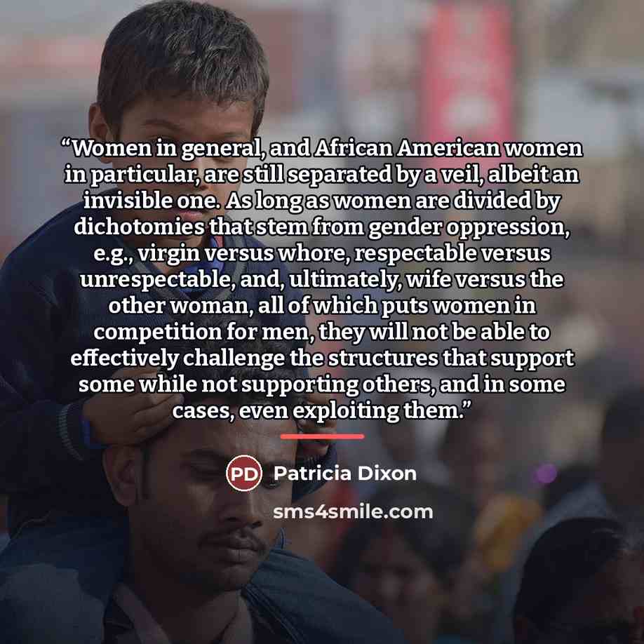“Women in general, and African American women in particular, are still separated by a veil, albeit an invisible one. As long as women are divided by dichotomies that stem from gender oppression, e.g., virgin versus whore, respectable versus unrespectable, and, ultimately, wife versus the other…” quote by Patricia Dixon