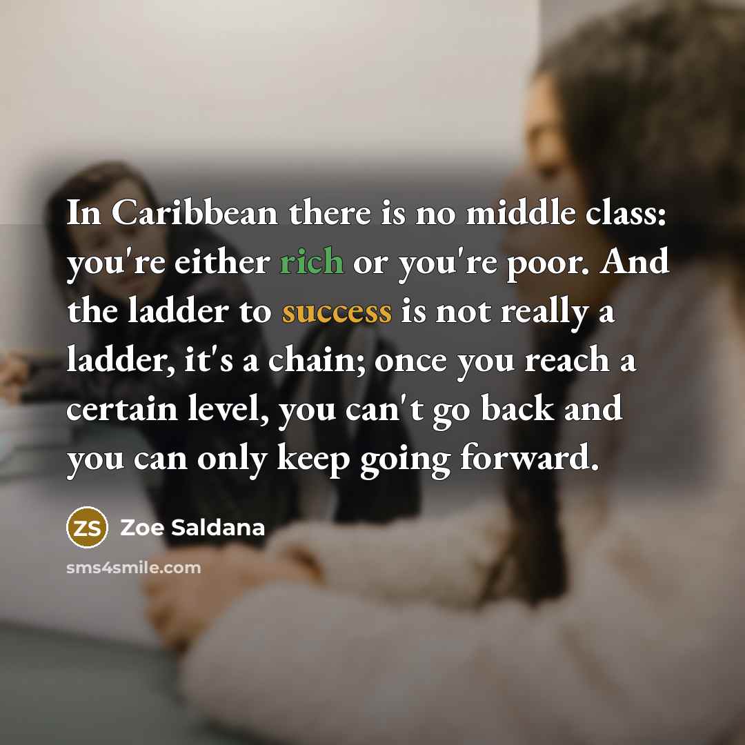 “In Caribbean there is no middle class: you're either rich or you're poor. And the ladder to success is not really a ladder, it's a chain; once you reach a certain level, you can't go back and you can only keep going forward.” quote by Zoe Saldana