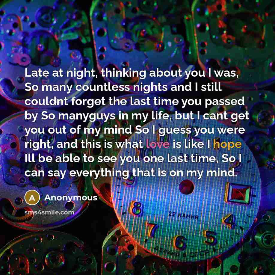 “Late at night, thinking about you I was, So many countless nights and I still couldnt forget the last time you passed by So manyguys in my life, but I cant get you out of my mind So I guess you were right, and this is what love is like I hope Ill be able to see you one last time, So I can say…” quote by Anonymous