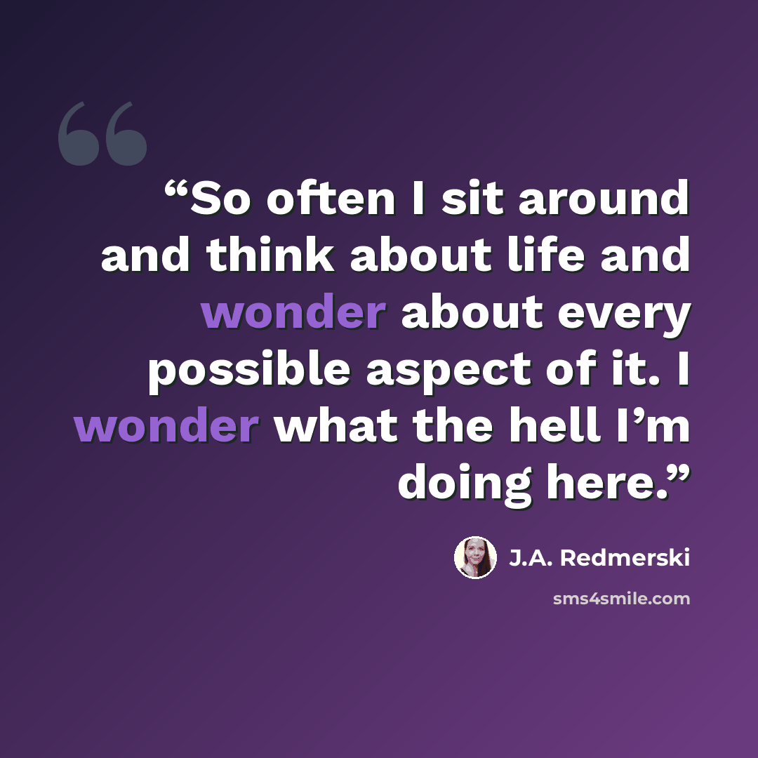 “So often I sit around and think about life and wonder about every possible aspect of it. I wonder what the hell I’m doing here.” quote by J.A. Redmerski