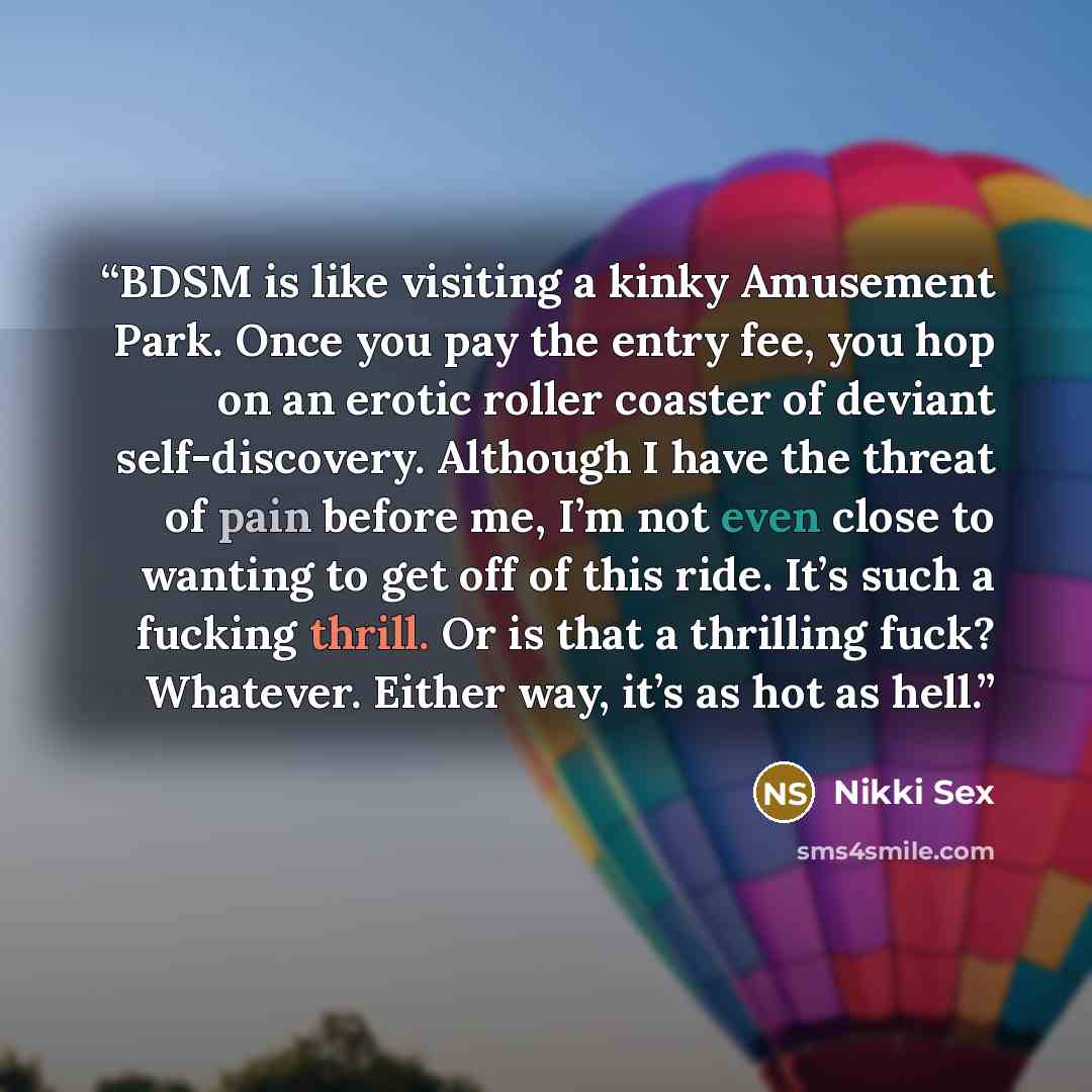 “BDSM is like visiting a kinky Amusement Park. Once you pay the entry fee, you hop on an erotic roller coaster of deviant self-discovery. Although I have the threat of pain before me, I’m not even close to wanting to get off of this ride. It’s such a fucking thrill. Or is that a thrilling fuck?…” quote by Nikki Sex