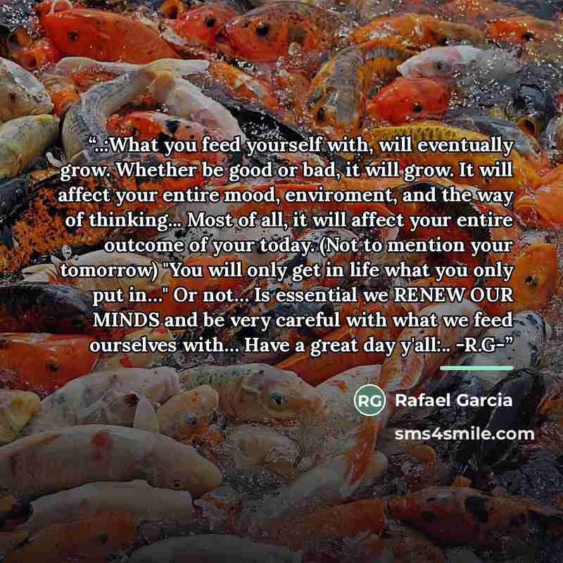 “‎..:What you feed yourself with, will eventually grow. Whether be good or bad, it will grow. It will affect your entire mood, enviroment, and the way of thinking... Most of all, it will affect your entire outcome of your today. (Not to mention your tomorrow) "You will only get in life what you…” quote by Rafael Garcia