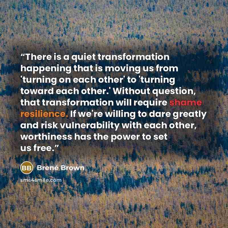 “There is a quiet transformation happening that is moving us from 'turning on each other' to 'turning toward each other.' Without question, that transformation will require shame resilience. If we're willing to dare greatly and risk vulnerability with each other, worthiness has the power to set us…” quote by Brené Brown
