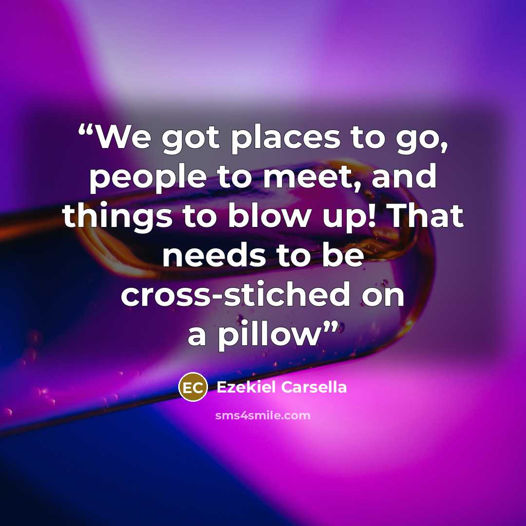 “We got places to go, people to meet, and things to blow up! That needs to be cross-stiched on a pillow” quote by Ezekiel Carsella