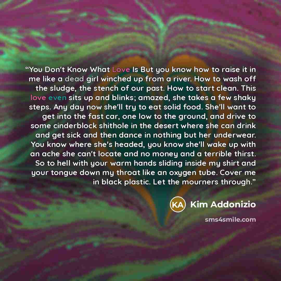 “You Don't Know What Love Is But you know how to raise it in me like a dead girl winched up from a river. How to wash off the sludge, the stench of our past. How to start clean. This love even sits up and blinks; amazed, she takes a few shaky steps. Any day now she'll try to eat solid food. She'll…” quote by Kim Addonizio