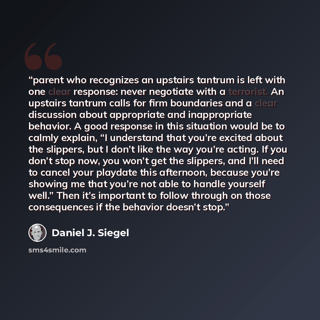 “parent who recognizes an upstairs tantrum is left with one clear response: never negotiate with a terrorist. An upstairs tantrum calls for firm boundaries and a clear discussion about appropriate and inappropriate behavior. A good response in this situation would be to calmly explain, “I…” quote by Daniel J. Siegel
